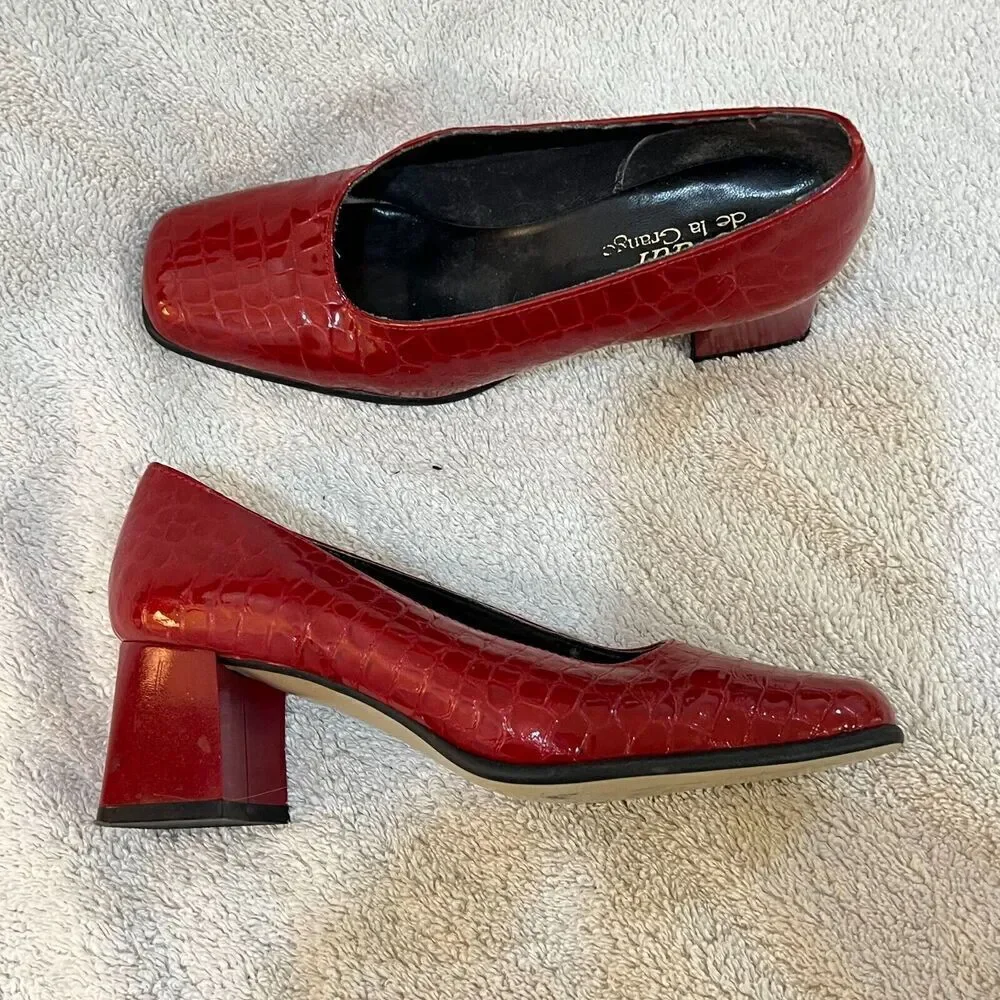 Vtg 80/90s Paul De LaGrange Women Red Pump Block Heel 36 Square Toe Retro France